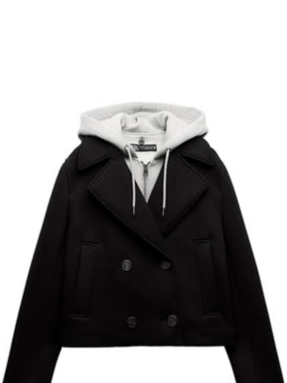 Zara Black Peacoat with Light Gray Hoodie Layered Look